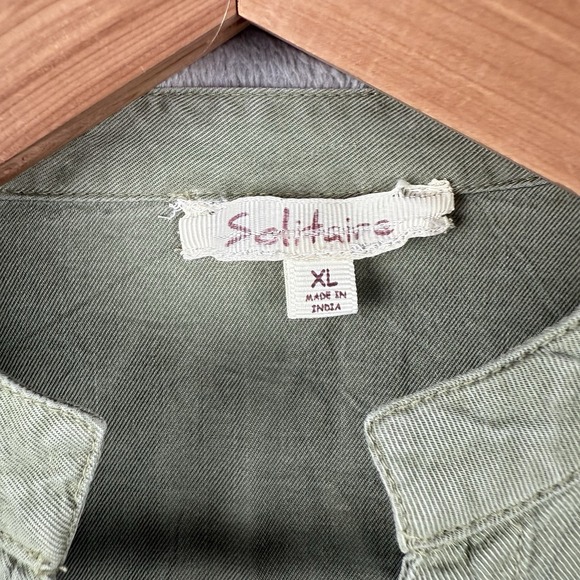 Solitaire Blouse Womens XL Button Front Top Embroidered Tencel Moss Green Boho - Picture 8 of 12
